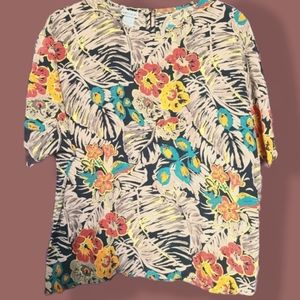 NICOLA Gold, Red, & Teal Tropical Florals Pattern Short-Sleeve Blouse size L